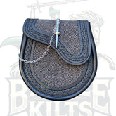 Men’s Scottish Grey Tweed Black Leather Sporran with Pin Lock & Chain Belt by BattleOfKilts